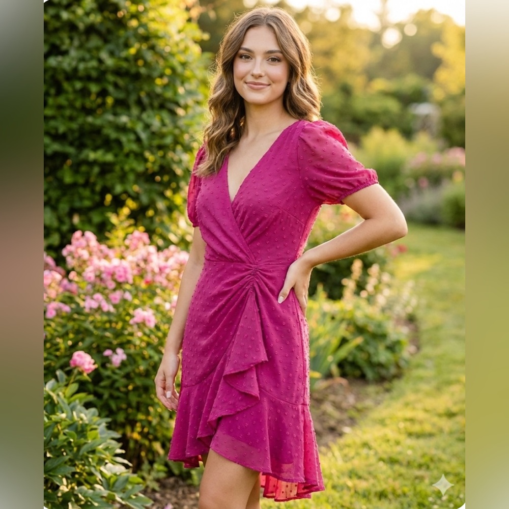 Lulus Fuchsia Swiss Dot Ruffle Dress - Size M - Open Back Puff Sleeve